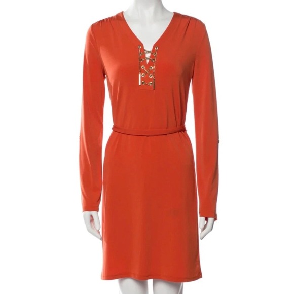 Michael Kors Coral Dress Gold Chain Lace Up Detail Roll Tab Sleeve - Picture 4 of 9